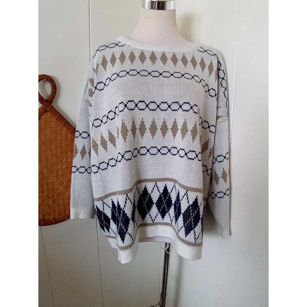 Vtg Turtle‎ Bay Sweater Argyle Oversized 3/4 Sleeve